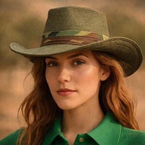 Vintage Army Green Western Straw Cowboy Hat w/ Camo Band Size M USA Made